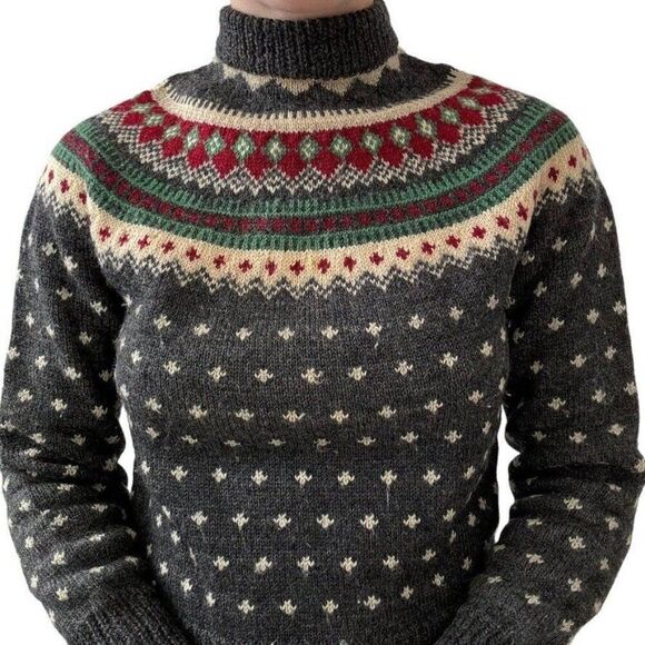 Vintage 1950s Womens Hand Knit 100% Wool Norwegian Fair Isle Sweater XS - Picture 6 of 8